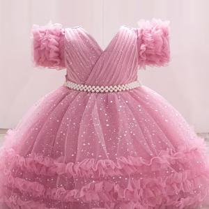 Vestido rosado vieja cuello en V con tul y destellos
