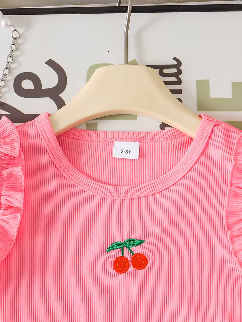 Conjunto blusa rosada con falda mezclilla bordado de cereza
