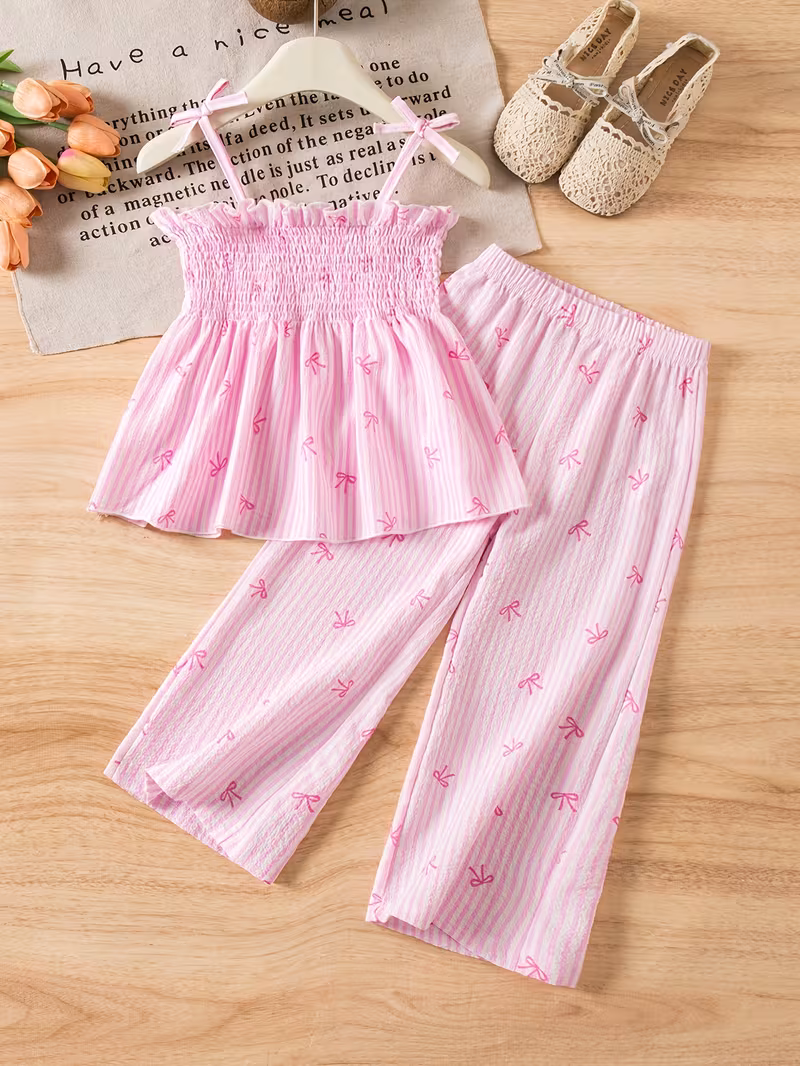 Conjunto 2 piezas veraniego rayado rosado con estampado lazos