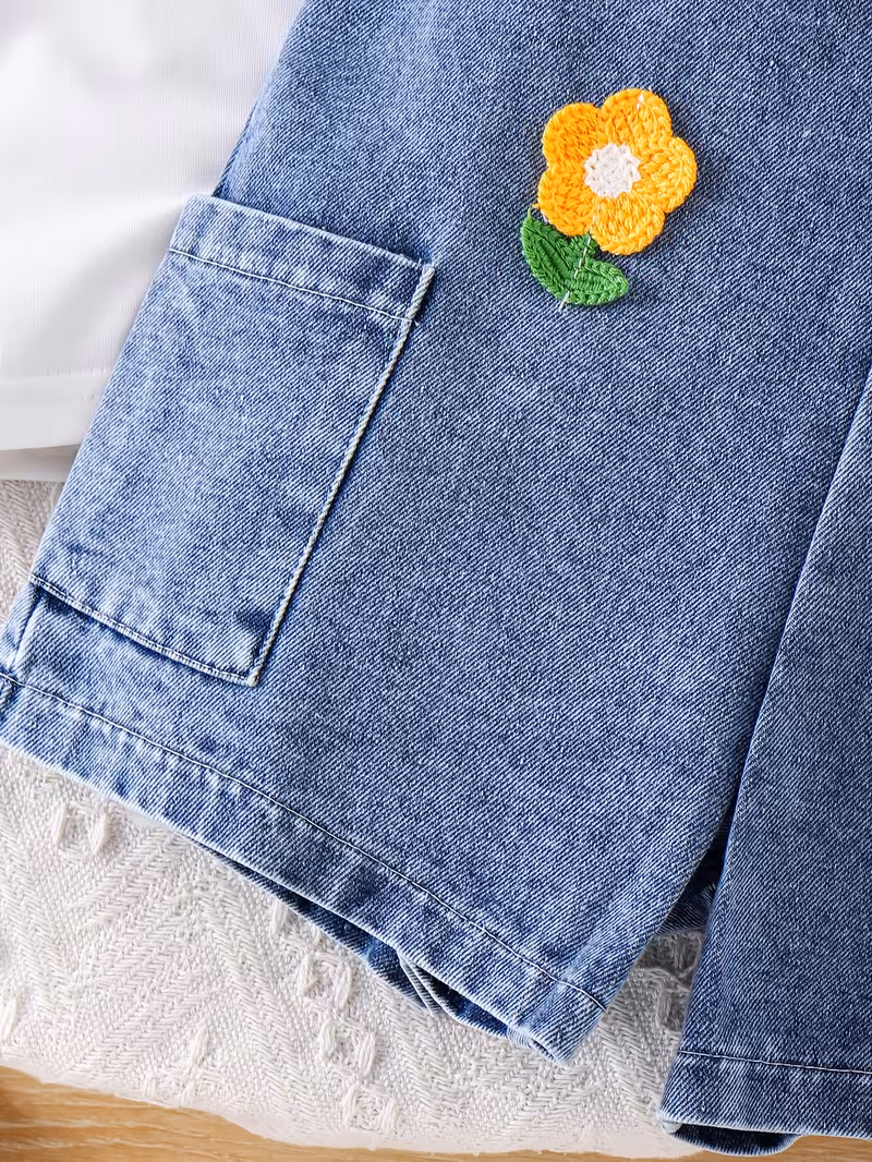 Camiseta con apliques florales y peto de mezclilla con bolsillos