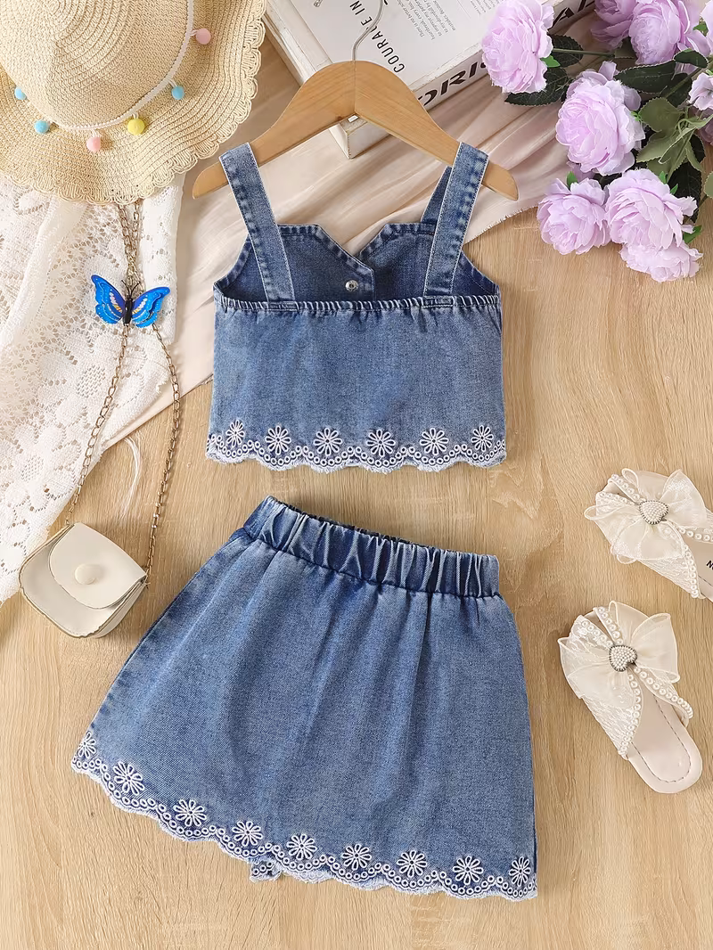 Conjunto de mezclilla camisola y falda bordada