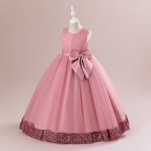 Vestido largo rosa vieja con tul y lentejuelas