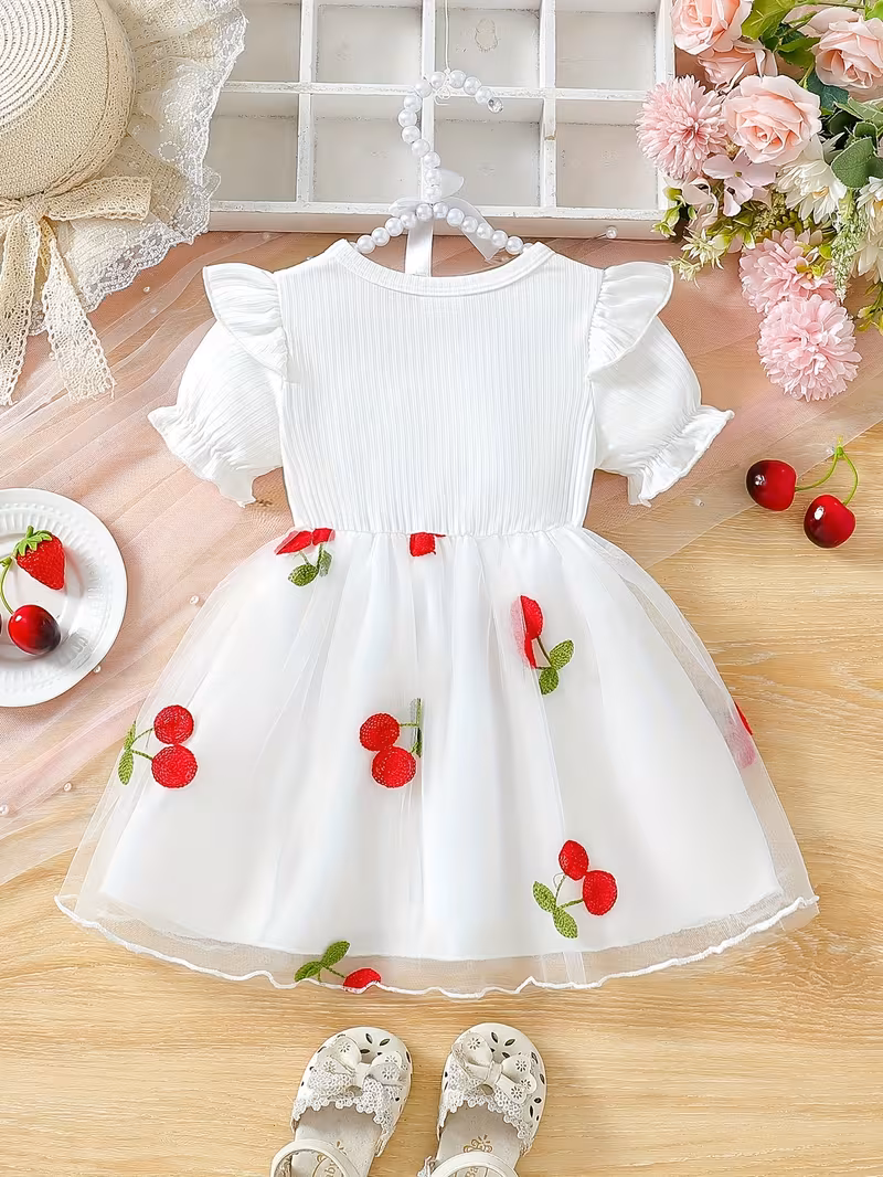 Vestido blanco con cerezas bordadas