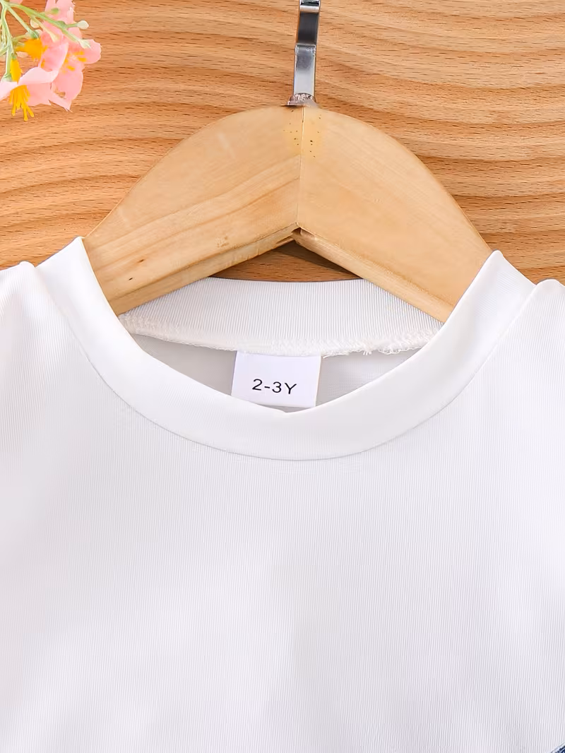 Camiseta con apliques florales y peto de mezclilla con bolsillos