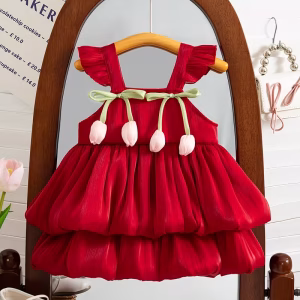 Vestido rojo carmesí estilo coreano con tirantes finos y tulipanes