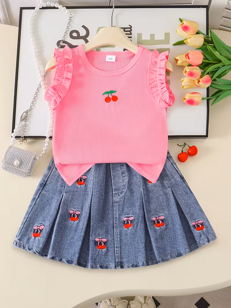 Conjunto blusa rosada con falda mezclilla bordado de cereza