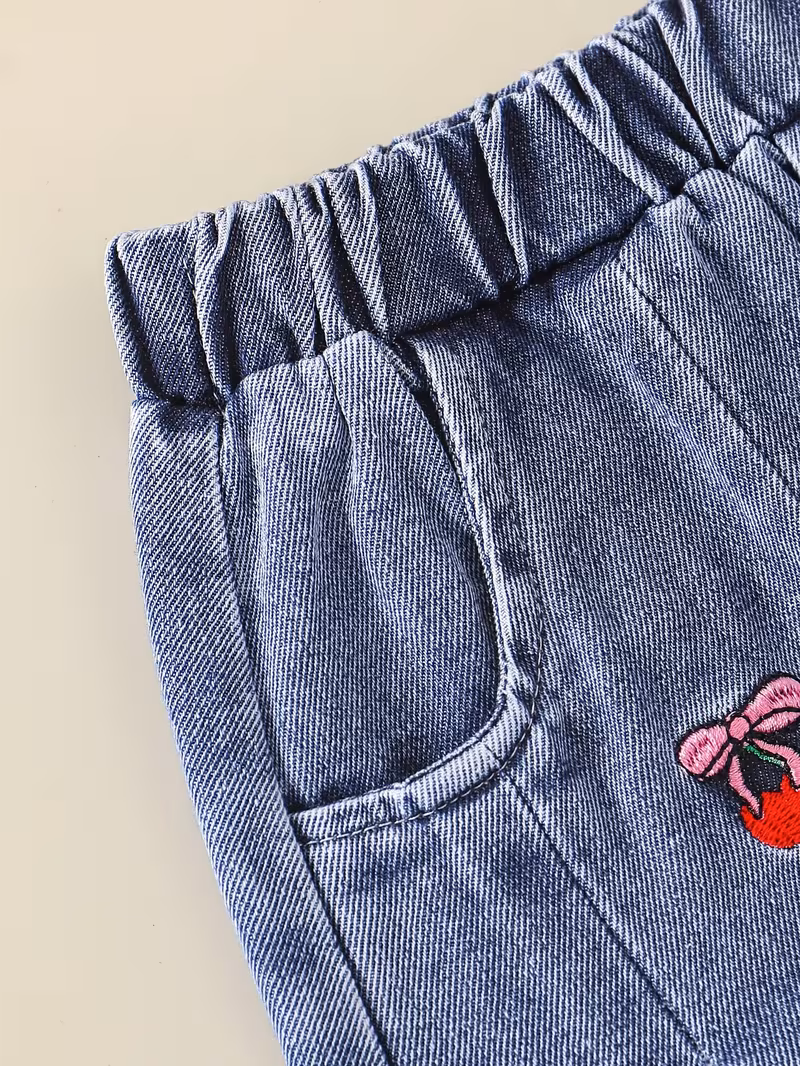 Conjunto blusa rosada con falda mezclilla bordado de cereza - Imagen 8