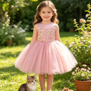 Vestido rosa frijol corto con lentejuelas y tul