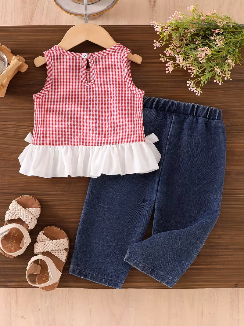 Conjunto blusa roja a cuadros y pantalón de mezclilla con lazos
