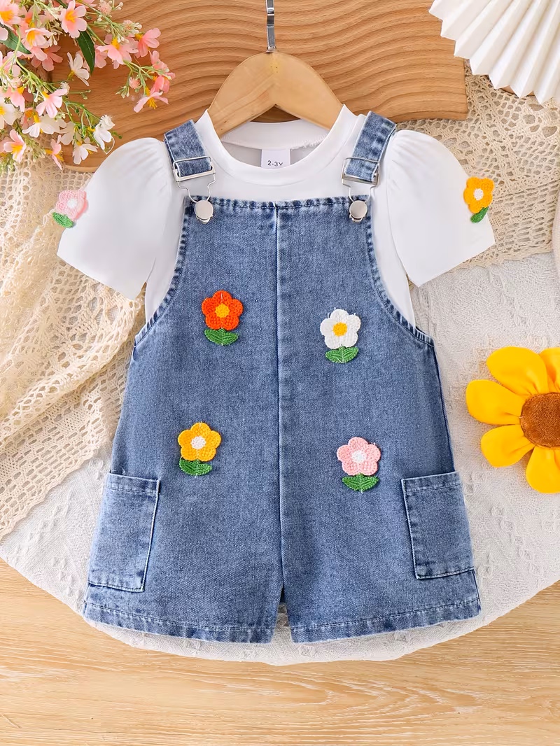 Camiseta con apliques florales y peto de mezclilla con bolsillos