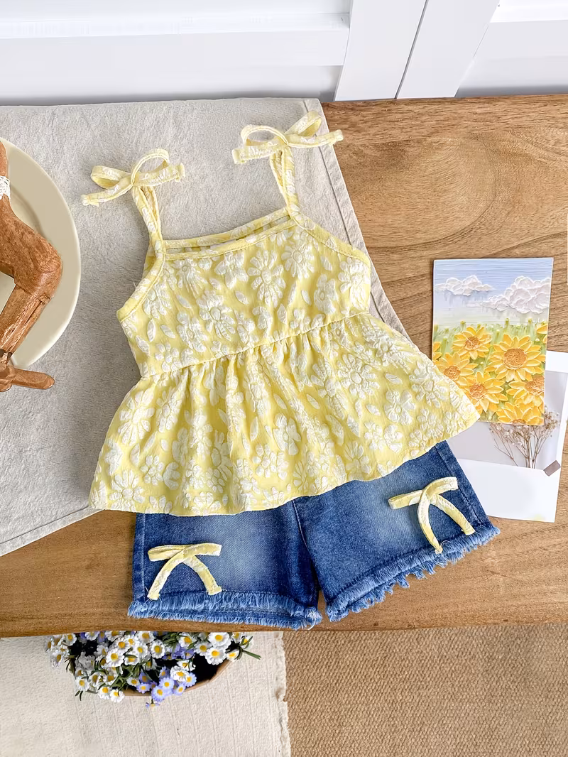 Conjunto 2 piezas blusa amarilla jacquard + shorts con lazo