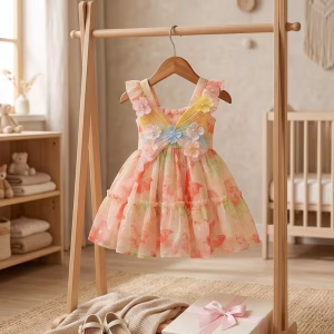 Vestido floreado con mariposa con flores 3D