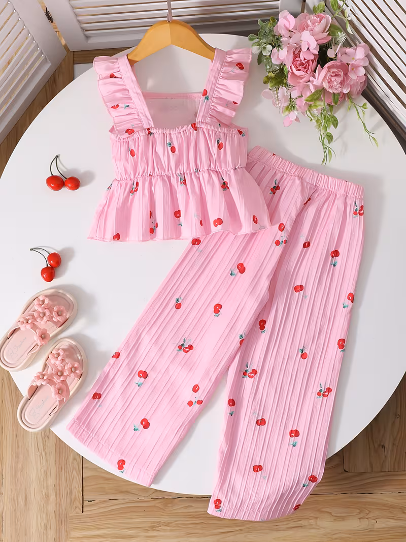 Conjunto veraniego rosado camisola y pantalón con estampado cereza
