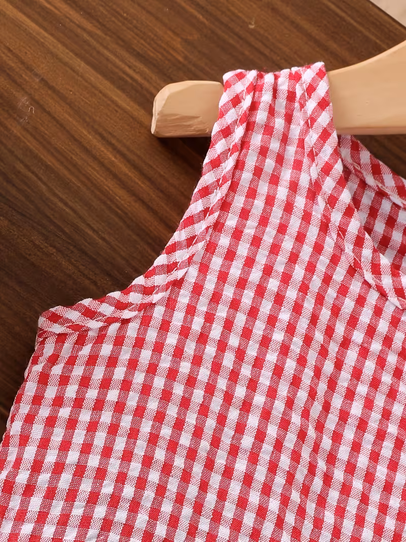 Conjunto blusa roja a cuadros y pantalón de mezclilla con lazos