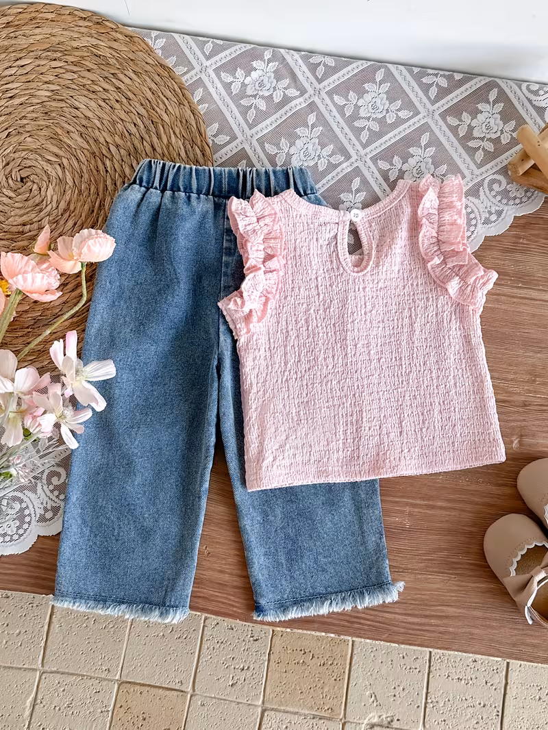 Conjunto blusa con pantalon mezclilla de flores bordadas