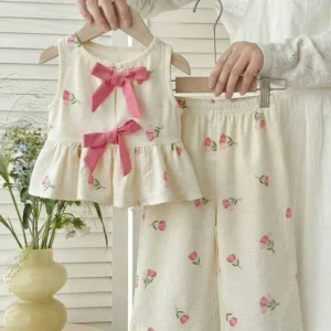 Conjunto veraniego blusa y palazo con estampado de rosa
