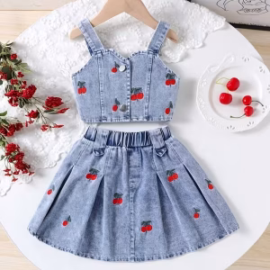 Conjunto de mezclilla con bordado de cerezas