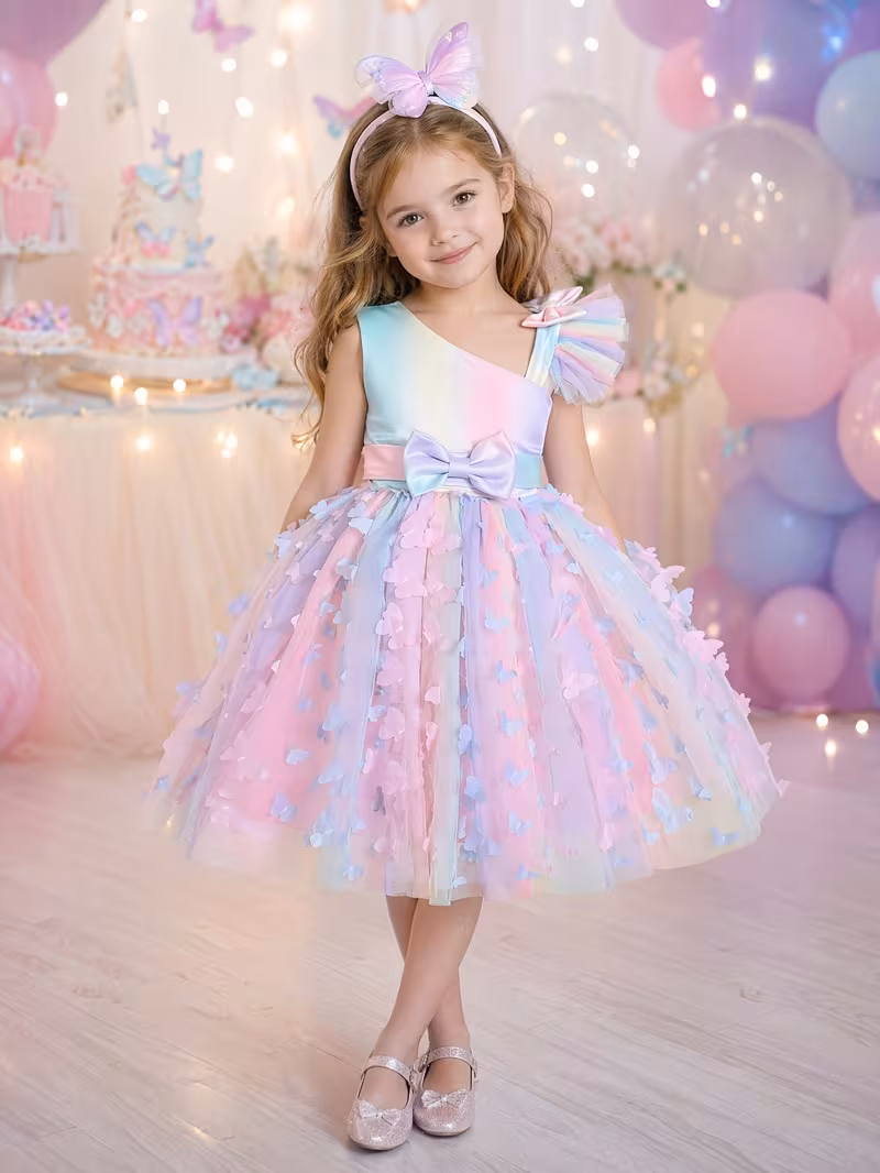Vestido con lazo de arcoíris con mariposas 3D