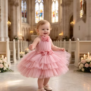 Vestido rosado vieja halter tul en capas y flores 3D