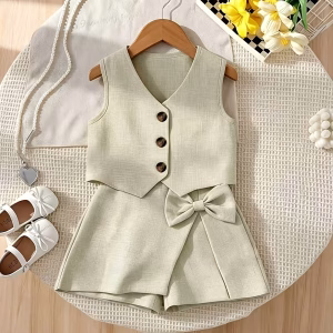 Conjunto chaleco y short tela ligera albaricoque