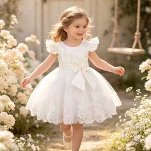 Vestido blanco de fiesta con satín y tul