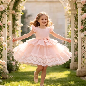 Vestido rosado melón bordado con encaje tridimensional y tul