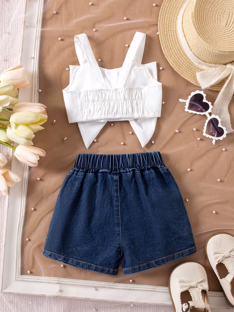 Conjunto top blanca con lazo y short de mezclilla
