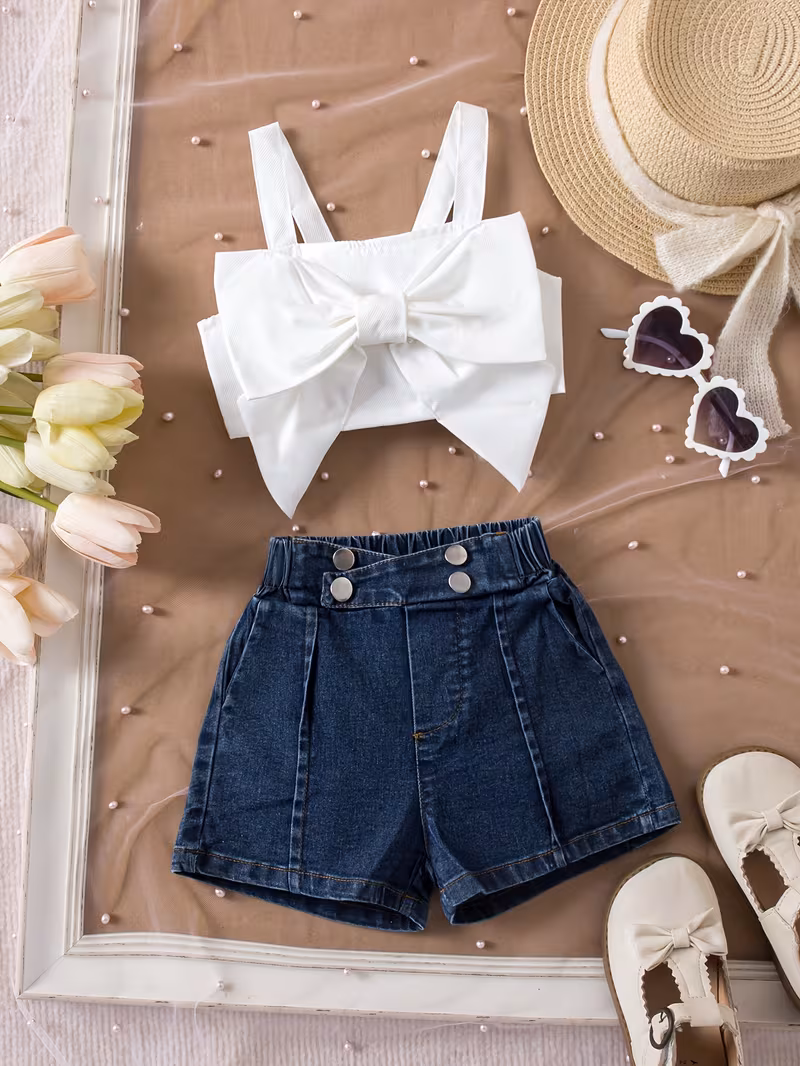 Conjunto top blanca con lazo y short de mezclilla