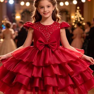 Vestido rojo vino en capas con apliques