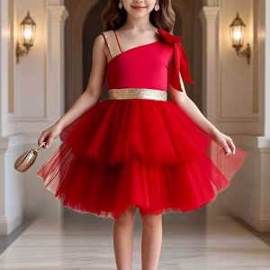 Vestido rojo carmesí con tul en capas y lazo dorado