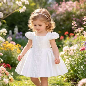Vestido blanco con falda abullonada exquisita con detalles