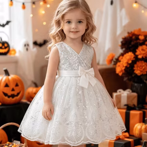 Vestido blanco con bordado de lentejuelas y tul