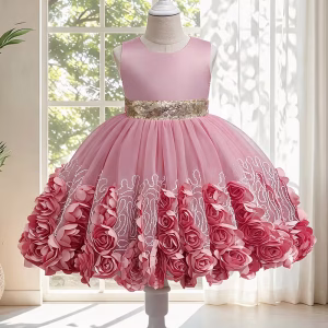 Vestido palo de rosa con bordado y rosas 3D