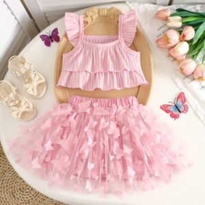 Conjunto 2 piezas rosado top de vuelos y falda con mariposas 3D