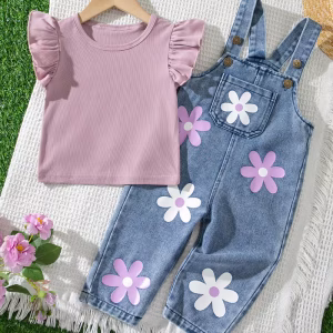 Overol mezclilla con estampado floral y blusa lila