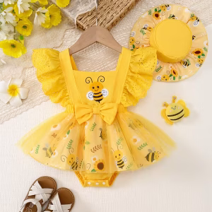 Romper vestido amarillo temático de abejita con sombrero