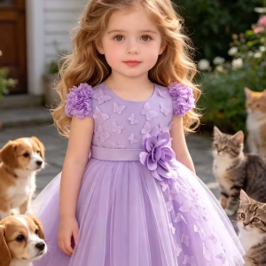 Vestido de Princesa lila con flores elegante y mariposas 3D
