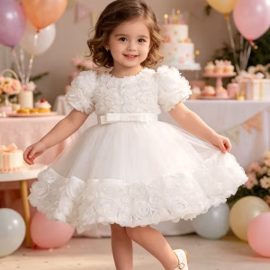 Vestido blanco con rosas 3D y tul