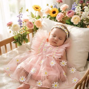 Vestido rosa melón con margaritas y cintillo
