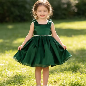 Vestido verde de organza con lazo grande posterior