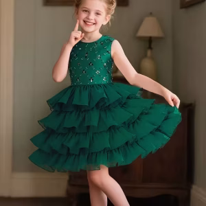 Vestido de fiesta verde en capas