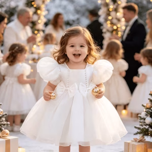 Vestido blanco con perlas mangas abullonadas