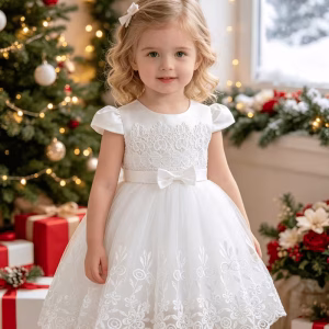 Vestido blanco con lazo posterior y encajes bordados Floral