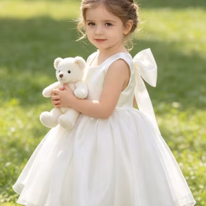 Vestido blanco de organza con lazo grande posterior