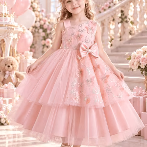 Vestido melón con tul y bordado de mariposas de lentejuelas