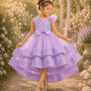Vestido lila con lentejuelas falda en capas de tul